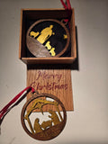 Laser-cut nativity ornament and Born in a Manger ornament with engraved Merry Christmas gift box