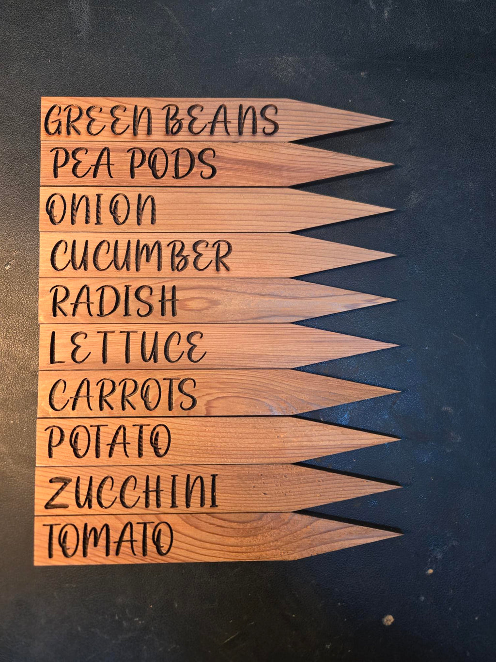 Set of 10 handcrafted cedar garden stakes with laser engraved vegetable names