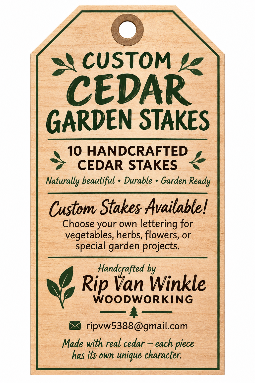 Custom Cedar Garden Stakes hang tag by Rip Van Winkle Woodworking