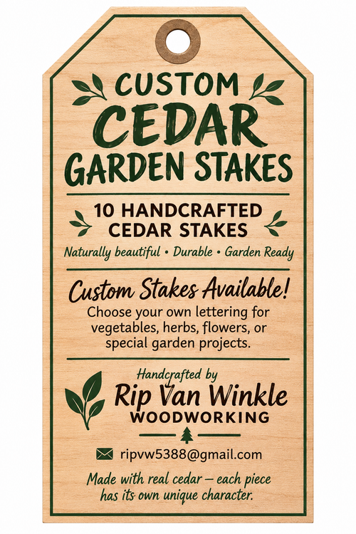 Custom Cedar Garden Stakes hang tag by Rip Van Winkle Woodworking