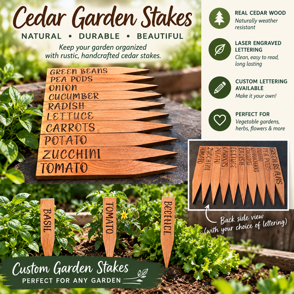 Cedar Garden Stakes – product infographic showing features and laser engraved lettering