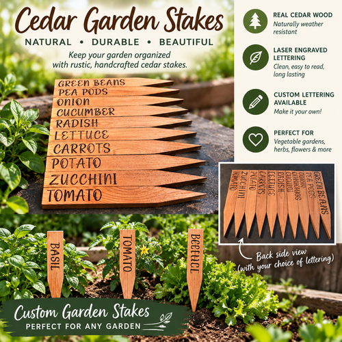 Cedar Garden Stakes – product infographic showing features and laser engraved lettering