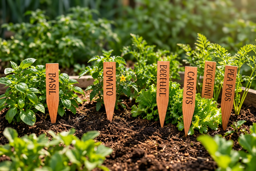 Cedar garden stakes lifestyle shot in lush garden at golden hour